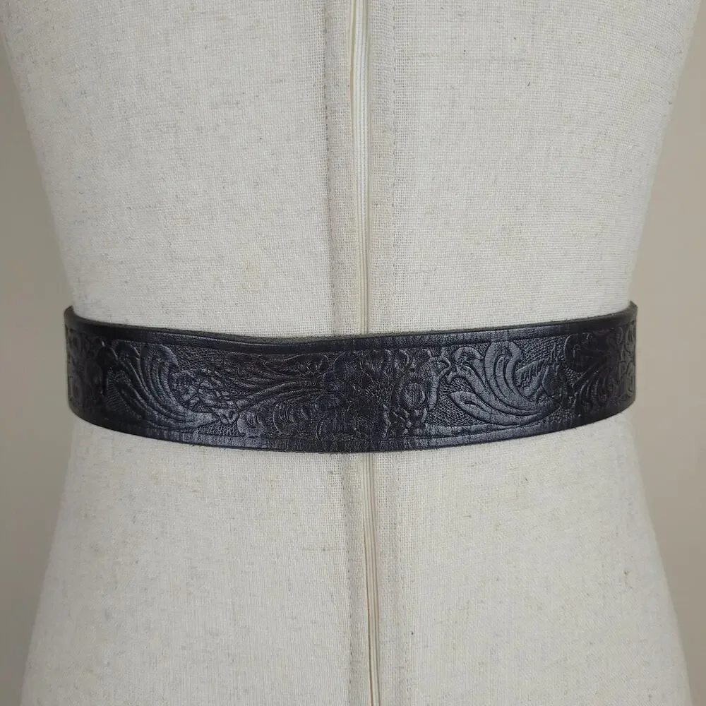 Vintage Liz Claiborne Belt XL Black Leather Tooled Western Floral Cowgirl Boho